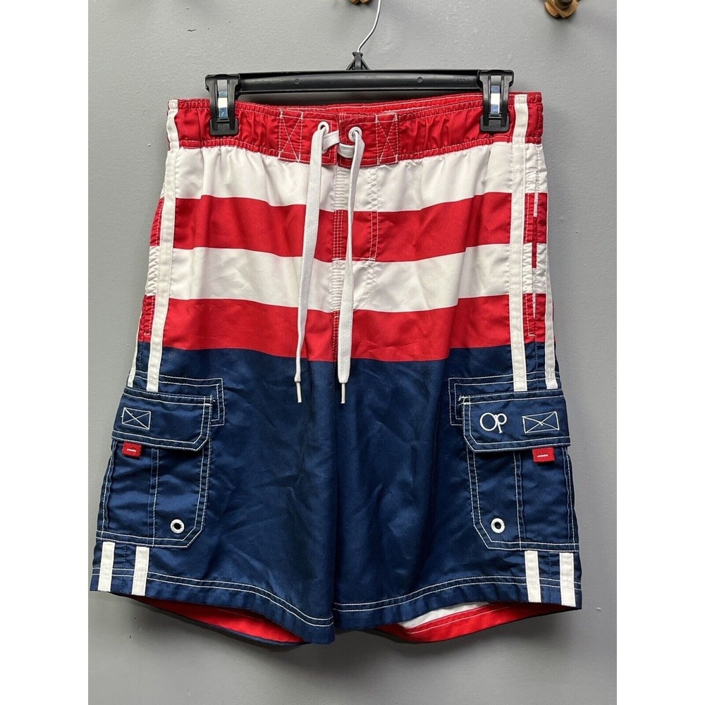 Ocean Pacific Board Shorts Mens Small Red White Blue Striped Cargo Swim Trunks